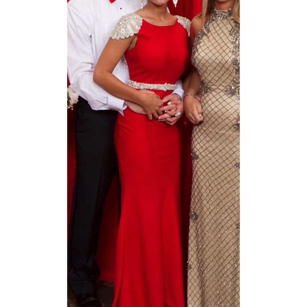Red Tarik Ediz Swarovski Crystal Gown